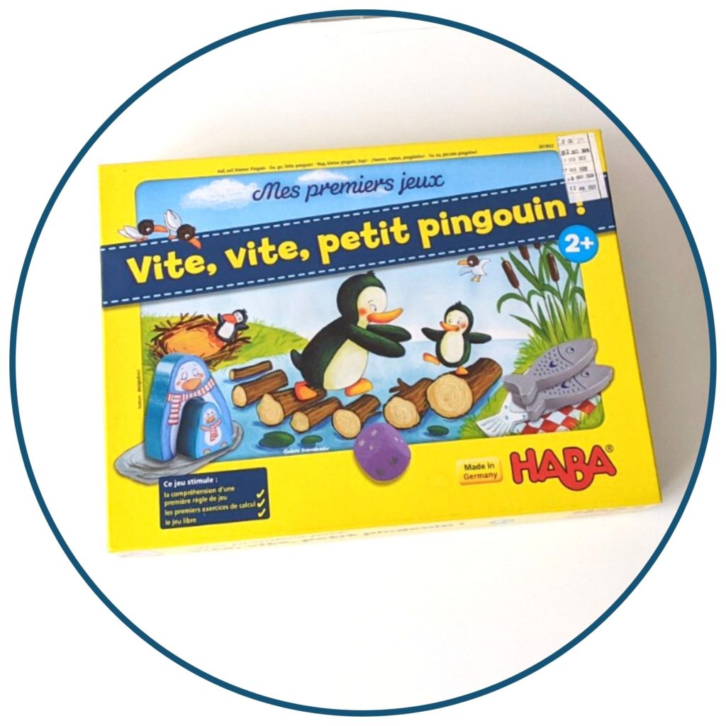 Jeu de société, Haba, Ludothèque, plateau de jeu, joueurs, maman pingouin, bébé pingouin, rivière, poisson, dé, petite histoire, ambiance, partie de jeu, gagner