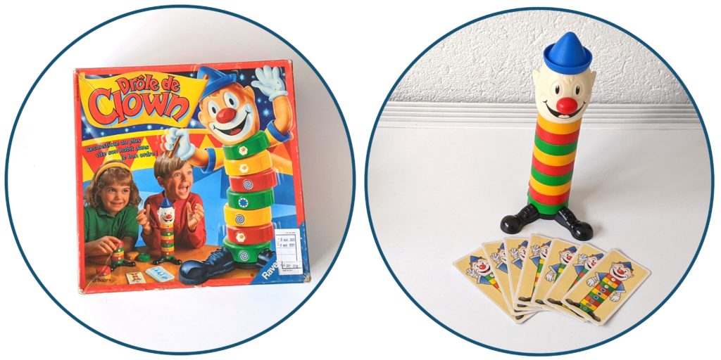 ravensburger clown, rapidité, concentration, réflexion, règles, âge, reproduction, tour, jeu, joueurs, pièces, tête, chapeau, chaussures, nez, fixation, cartes, déroulement, tee-shirt, Peppino, jeu de société 