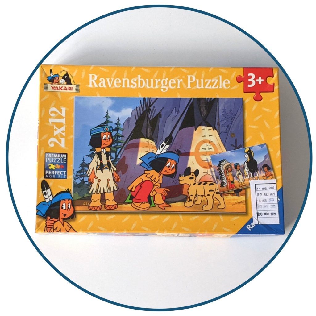 Ravensburger, Ludothèque, jeux, thème des Indiens, puzzle, Yakari, images, pièces, bord, coordination œil-main, concentration, motricité fine, moment ensemble.