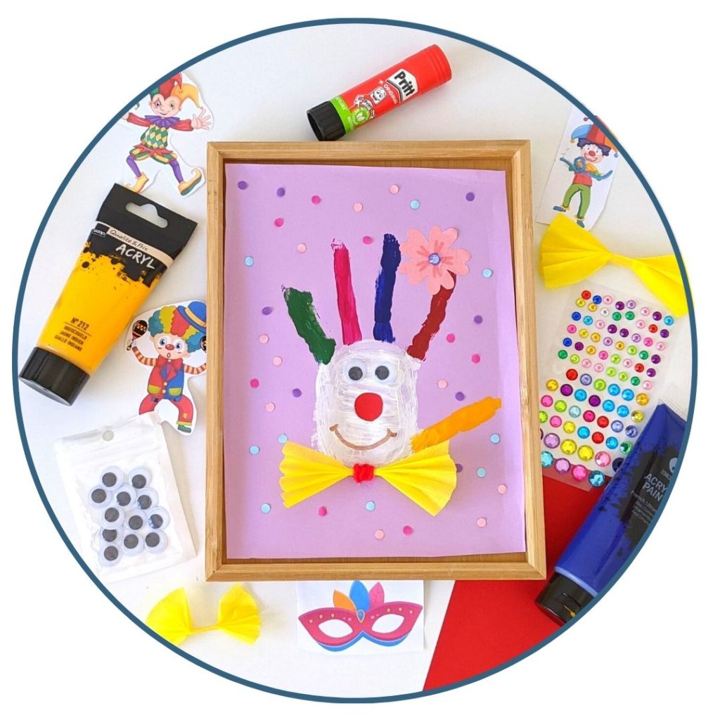 loisirs créatifs, motricité fine, , clown, bricolage, carnaval, peinture, pinceau, main, bricolage, maternelle, empreinte main, strass autocollant 