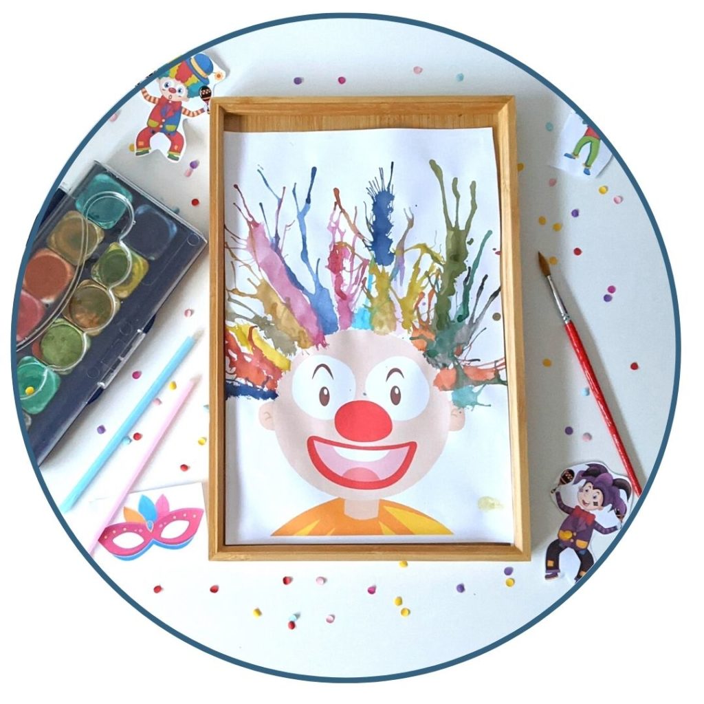 loisirs créatifs, motricité fine, , clown, bricolage, carnaval, perruque, bricolage, palette d'aquarelle, paille, technique, gouttes d'aquarelle, souffler