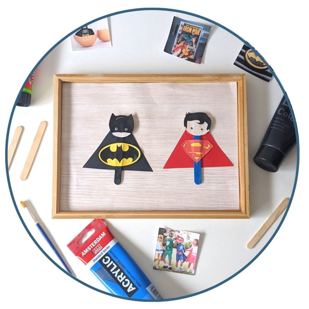 bâtonnets de glace, peinture, feuille, cape, logos, colle, activité, décoration, fête, super-héros, marionnettes, histoires, enfants, Batman, superman, colle, enfant, loisirs créatifs, ateliers créatifs, motricité fine