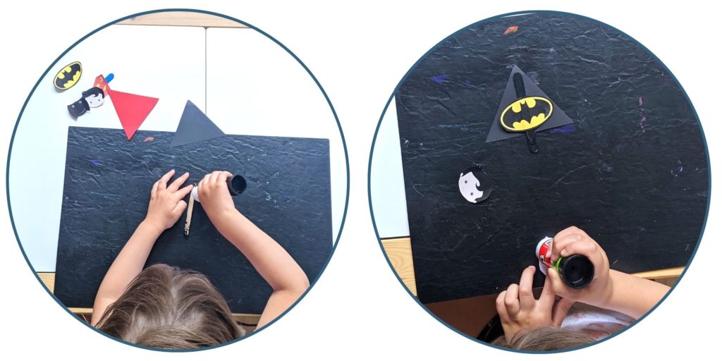 bâtonnets de glace, peinture, feuille, cape, logos, colle, activité, décoration, fête, super-héros, marionnettes, histoires, enfants, Batman, superman, colle, enfant, loisirs créatifs, ateliers créatifs, motricité fine